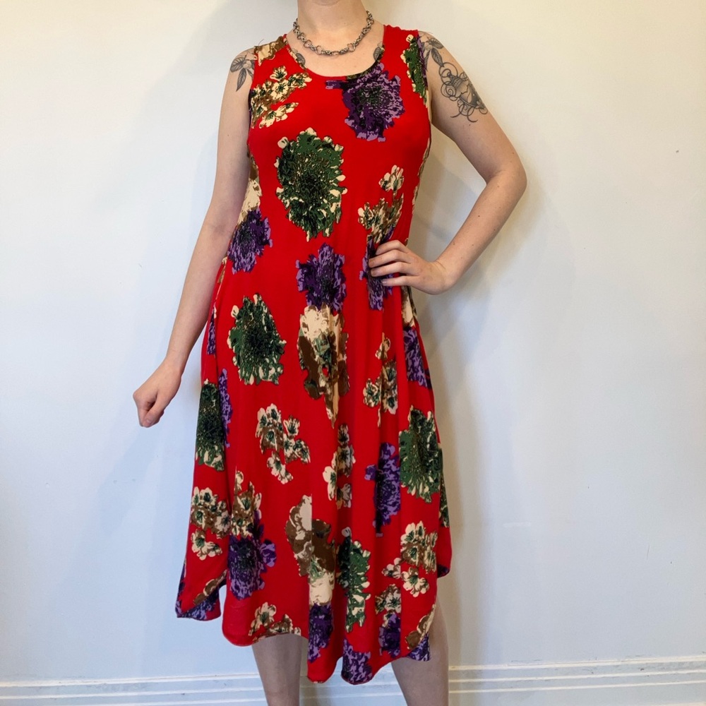 Vintage Red Floral Midi Dress 100% cotton in size XXL
